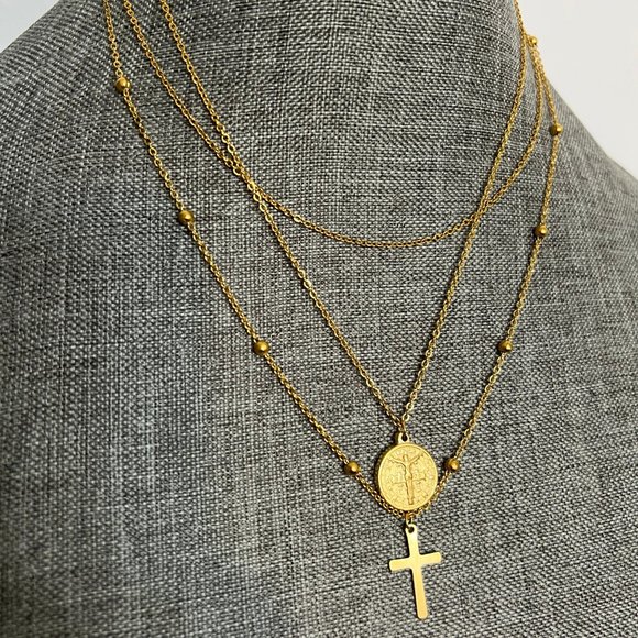 Three Layer Cross Necklace Gold Plated Layered Cross Necklace Stainless Steel - Picture 5 of 8